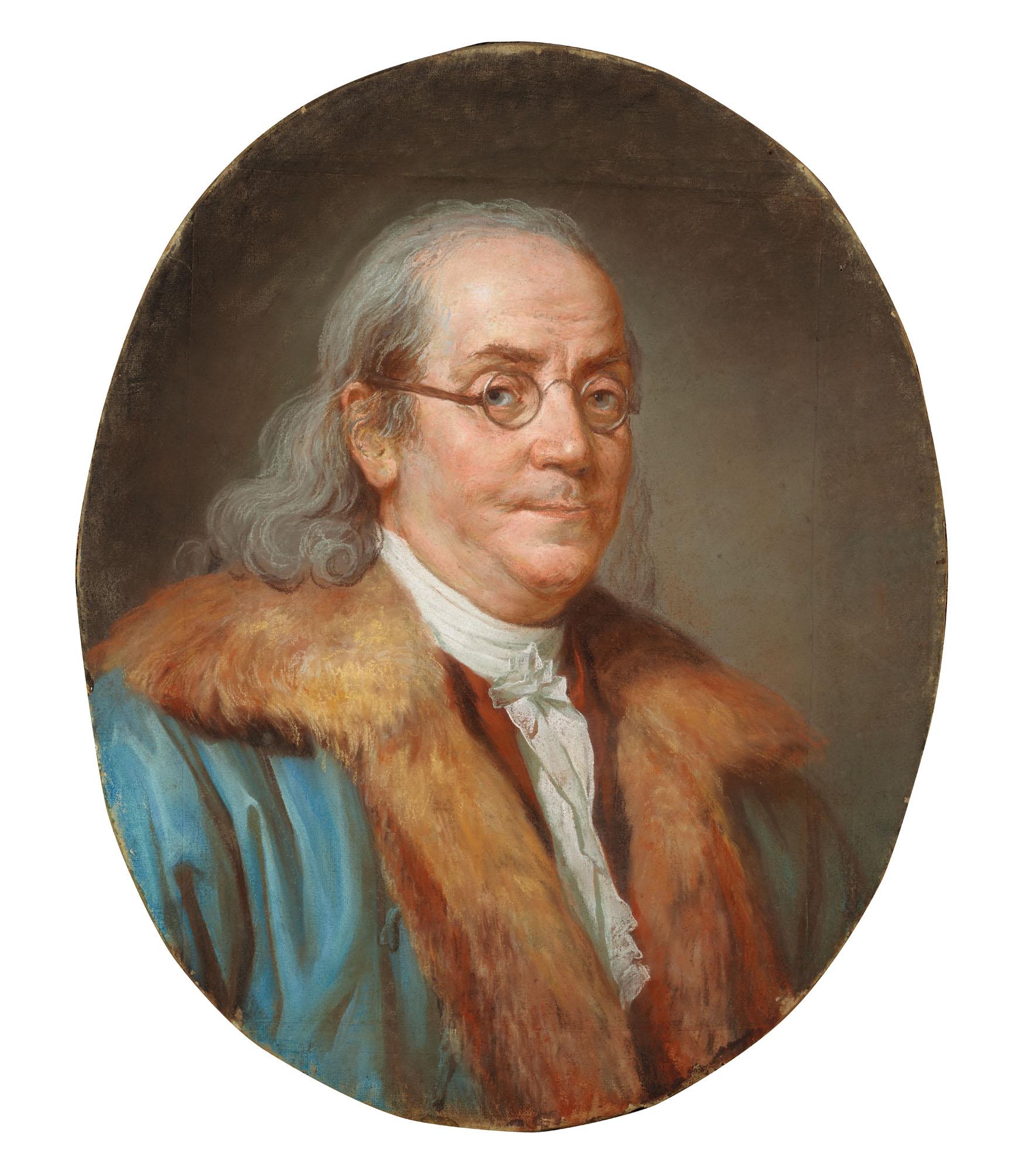 Joseph Ducreux - Portrait de Benjamin Franklin, à mi-corps, en manteau bleu et col de fourrure