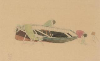 Joseph Edward Southall, R.W.S. - Playing On The Beach; And Figures And A Deckchair By A Beached Rowing Boat