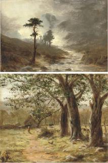 Joseph Farquharson, R.A. - Highland landscape; and Cottage in a rural landscape, with a girl feeding chickens