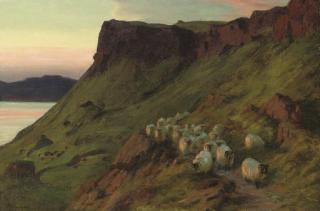 Joseph Farquharson, R.A. - Sheep below the Greeben Cliff, Mull, Evening