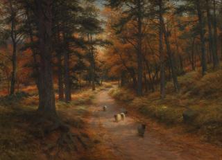 Joseph Farquharson RA - Autumn: Wooded landscape with sheep