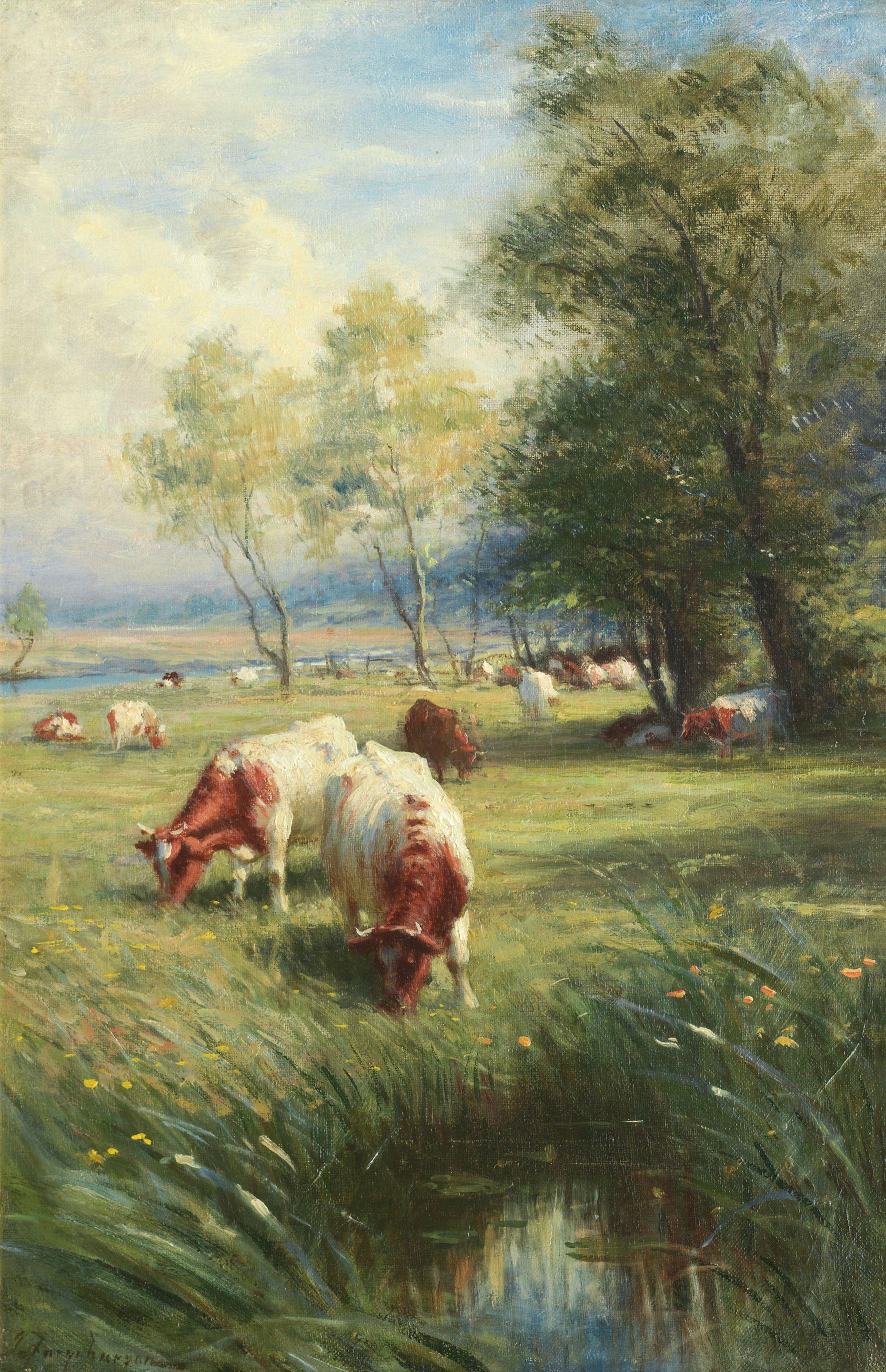 Joseph Farquharson RA - Cattle grazing in sunny pastures