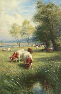 Joseph Farquharson RA - Cattle grazing in sunny pastures