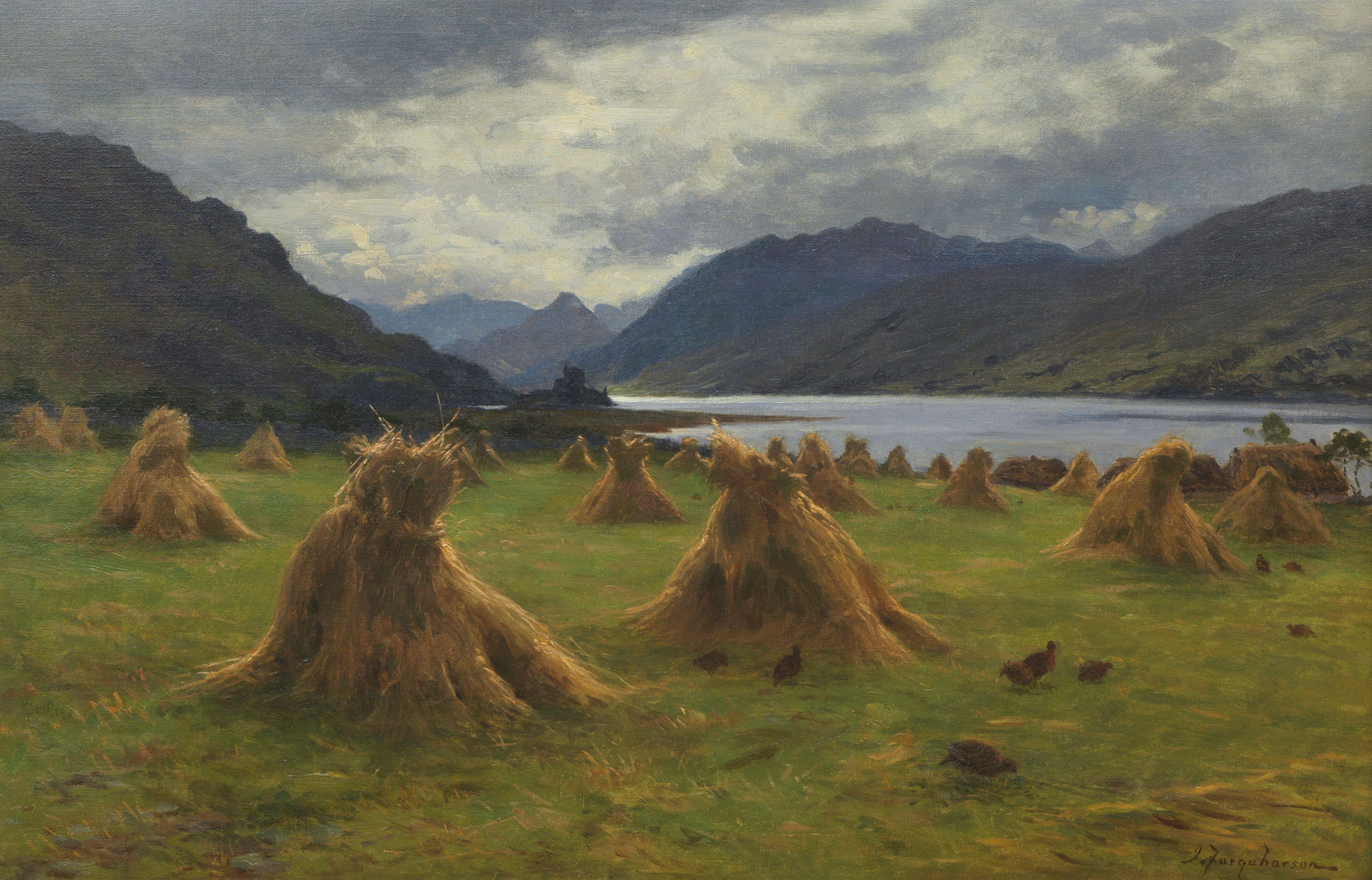 Joseph Farquharson RA - Cornstooks by the loch