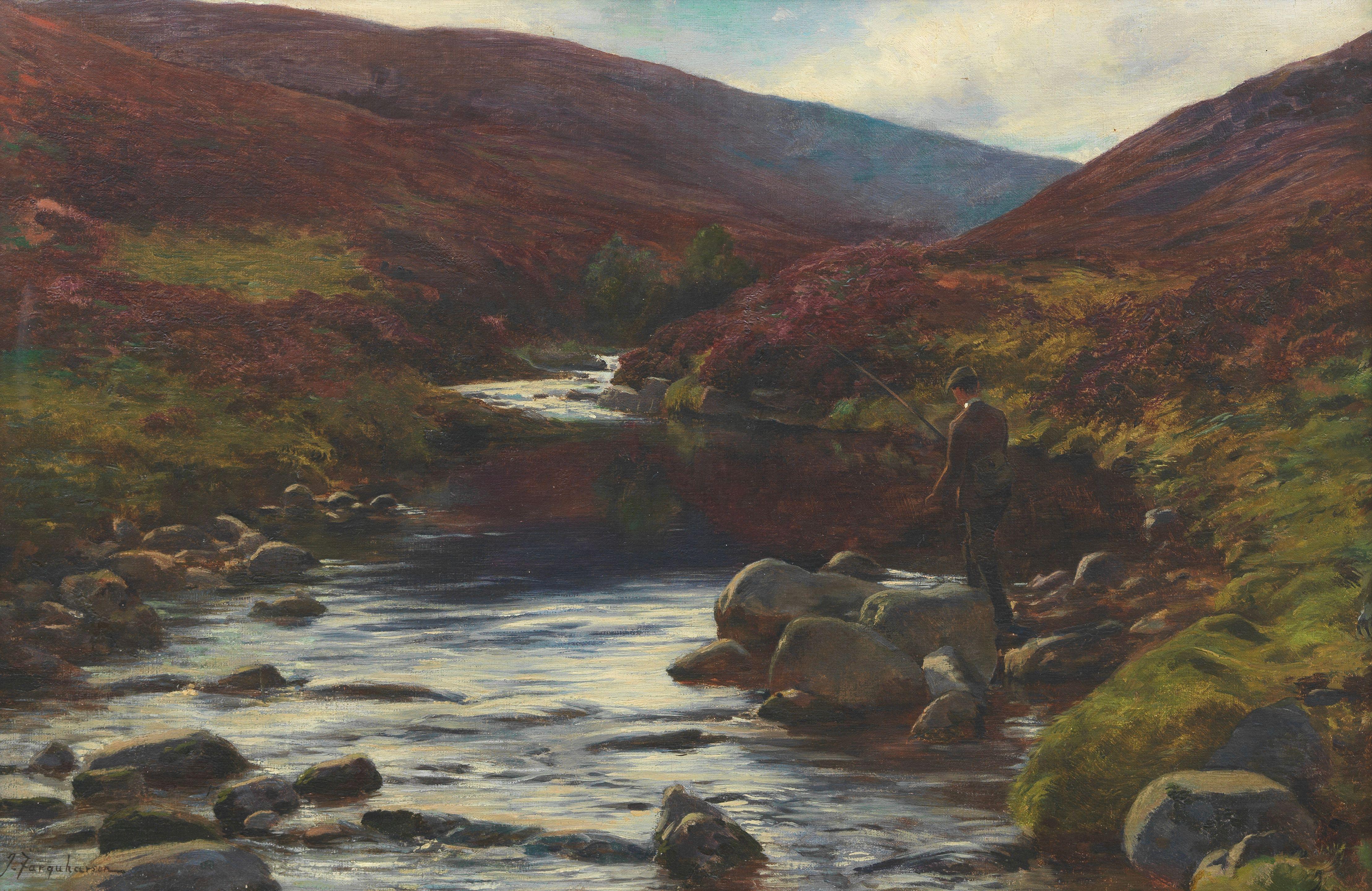 Joseph Farquharson RA - Fishing by a highland river