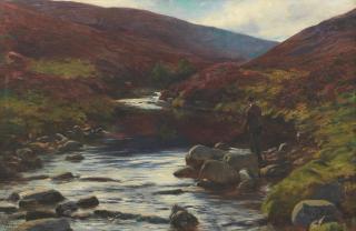 Joseph Farquharson RA - Fishing by a highland river