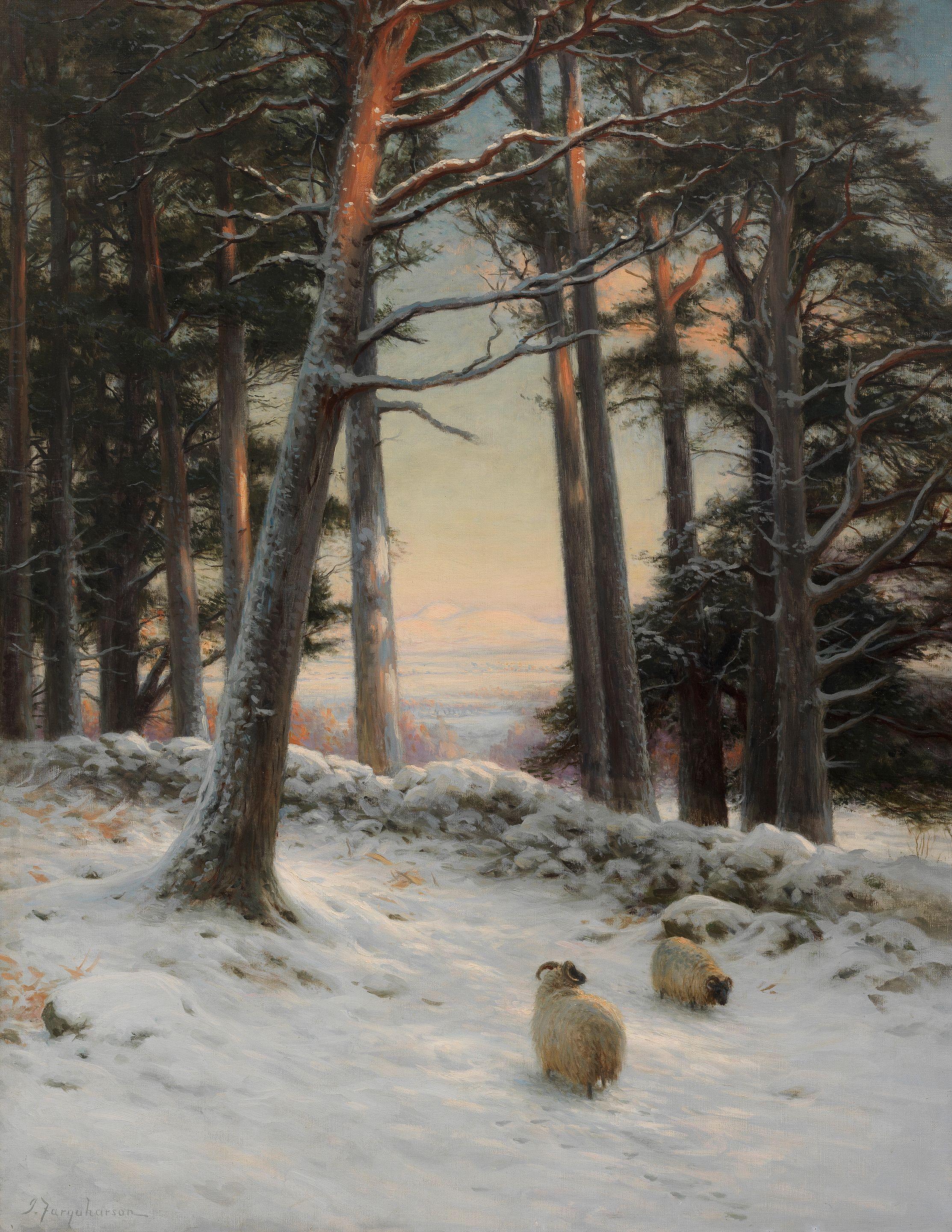 Joseph Farquharson RA - Winter: Sheep in a snowy woodland
