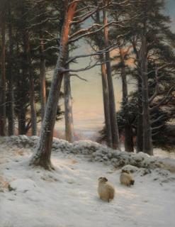 Joseph Farquharson RA - Winter: Sheep in a snowy woodland