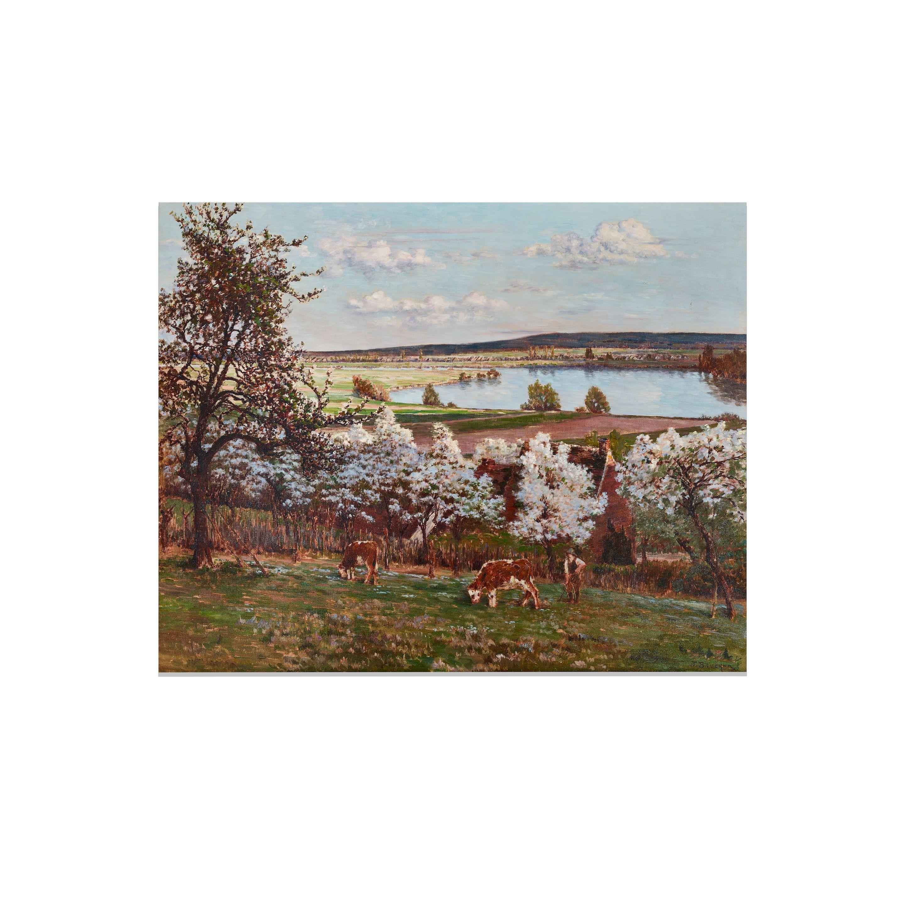 Joseph Félix Bouchor - Pastoral spring landscape with herder 52 x 63in (132 x 160cm)