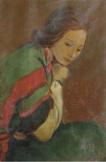 Joseph Floch - A woman seated with a green and red shawl