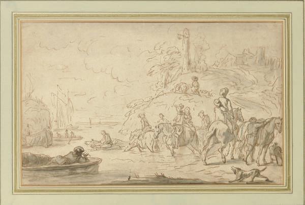 Joseph-François Parrocel - A party on horseback crossing a river (recto); Studies of a horse\'s head and two figures (verso)