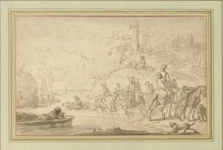 Joseph-François Parrocel - A party on horseback crossing a river (recto); Studies of a horse\'s head and two figures (verso)
