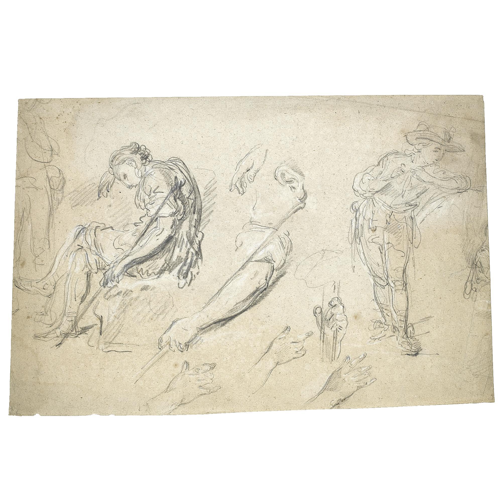 Joseph François Parrocel - A Sheet Of Studies: A Young Shepherd Seated, Asleep, Holding A Stick, Separate Studies Of His Arm, Various Hands And An Ear, And Another Figure Of A Standing Boy Playing The Flute  