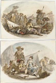 Joseph-François Parrocel - Deux soldats jouant aux cartes sur un tambour, entourés de figures, dans un camp militaire; et Un soldat assis, accoudé sur un tambour, avec une femme assise, entourés de figures dans un camp militaire