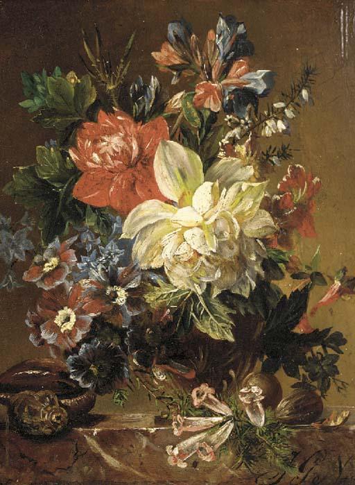 Joseph G. Nigg - Flowers in a vase, a snail, and a nut, on a stone ledge