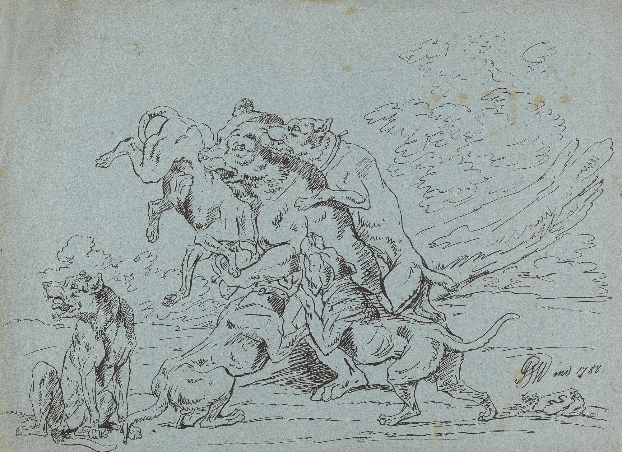 Joseph Georg Winter - 2 Bll.: Hunde fallen einen Bär an – Skizze zu einer Hirschhatz.