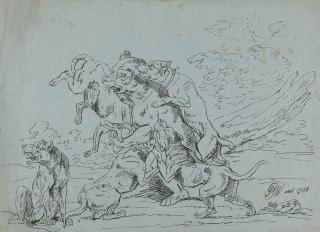 Joseph Georg Winter - 2 Bll.: Hunde fallen einen Bär an – Skizze zu einer Hirschhatz.