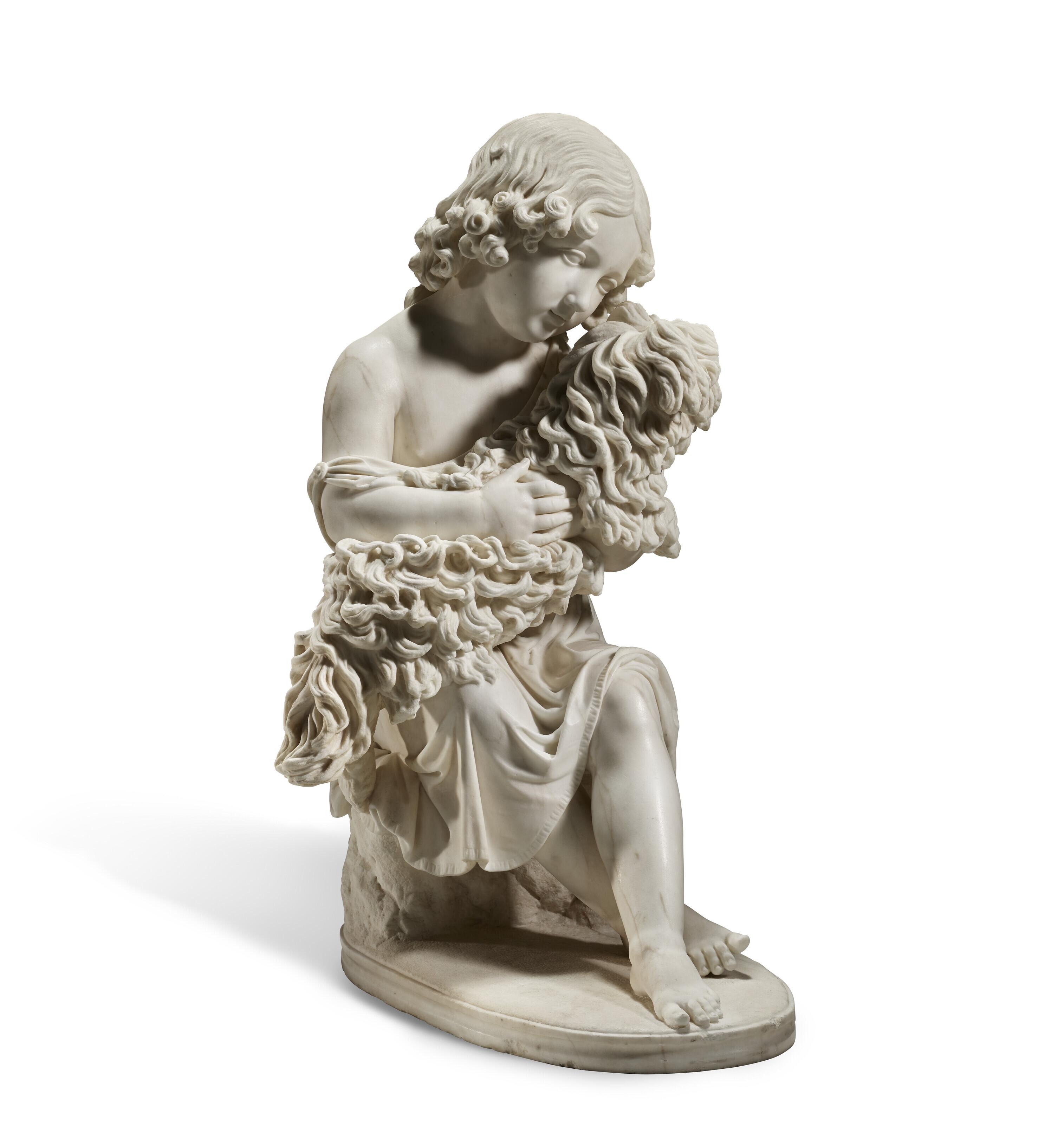 Joseph Gott, R.A. - A White Marble Group Of Young Girl, Probably Miss Dames Embracing A Maltese Dog