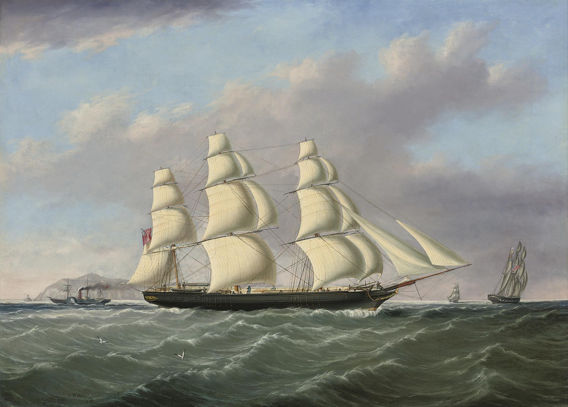 Joseph Heard - An outward-bound merchantman passing Anglesey, with a Cunard steamer off her stern and approaching the South Stack lighthouse