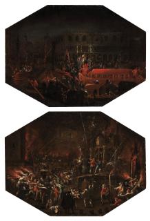 Joseph Heintz II - A nocturnal view of the Doge\'s Palace, Venice, with the Bucintoro returning to the Molo on Ascension Day; and A carnival scene in Venice