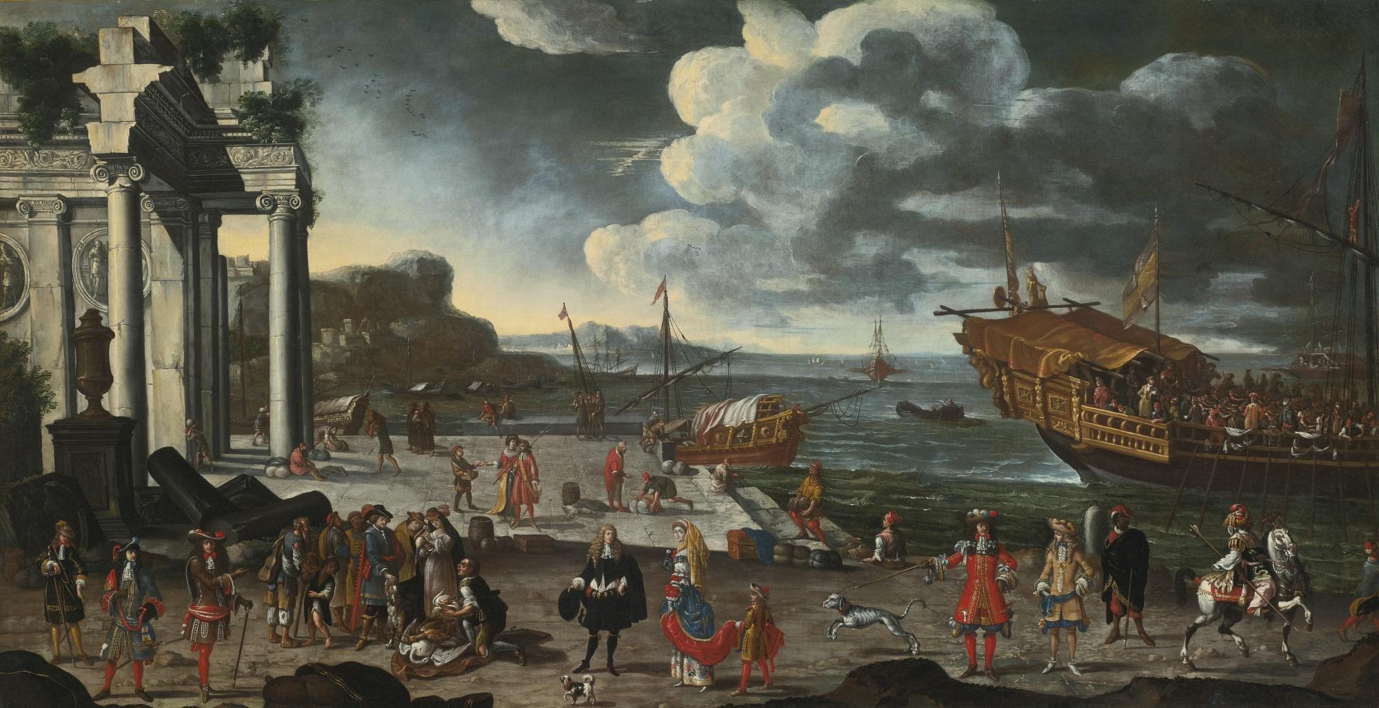 Joseph Heintz The Younger - View Of An Imaginary Port With Ruins, A Galley At Anchor, Fishermen And Members Of Nobility