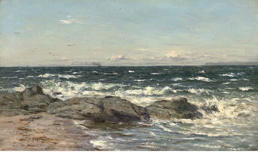 Joseph Henderson, R.S.W. - Waves Crashing Against A Rocky Coastline