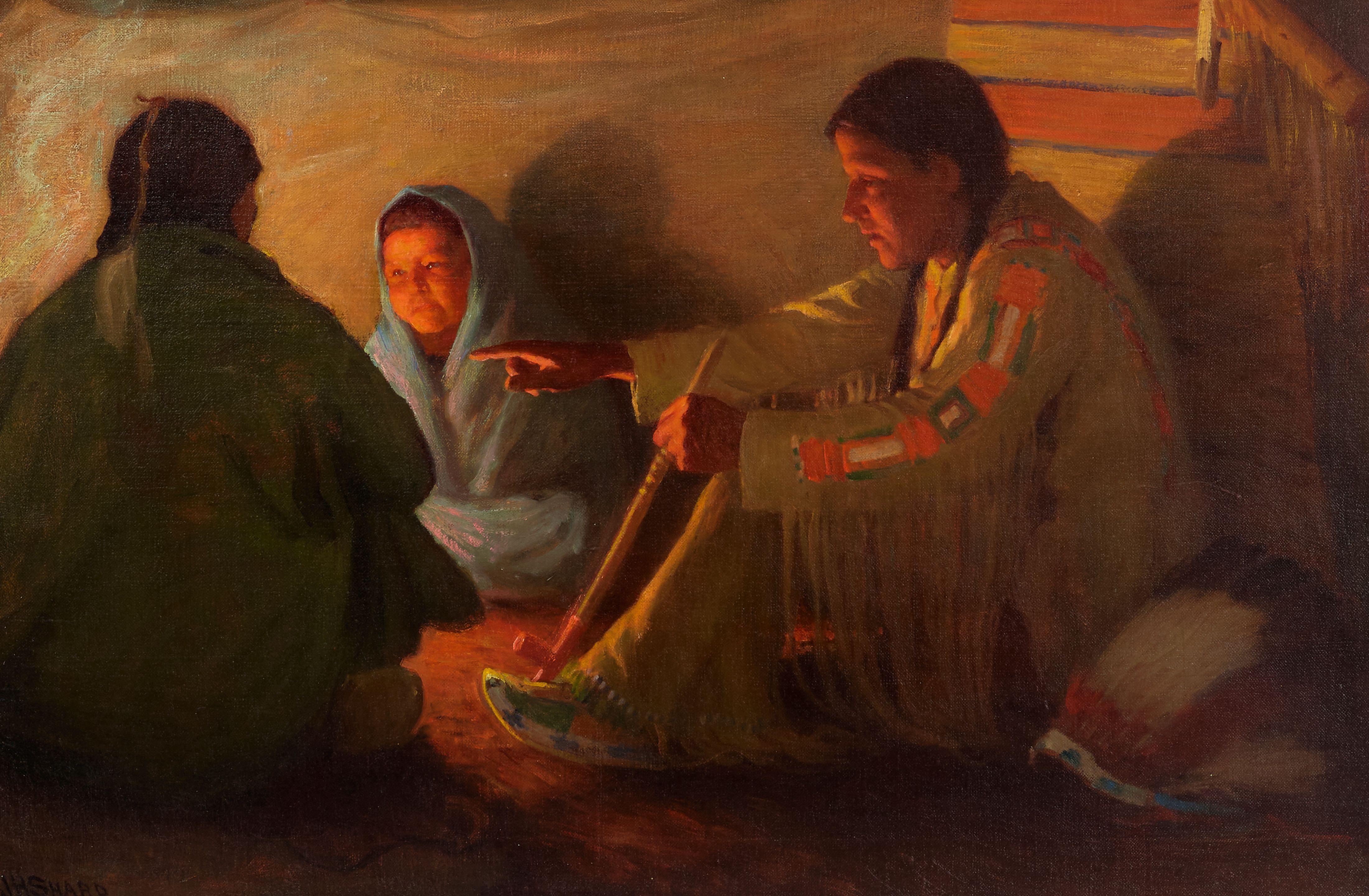 Joseph Henry Sharp - Recounting Brave Deeds 20 x 30 in. framed 26 x 36 in.