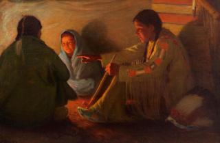 Joseph Henry Sharp - Recounting Brave Deeds 20 x 30 in. framed 26 x 36 in.