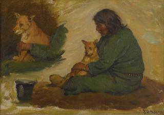 Joseph Henry Sharp - Seated Indian With Dog