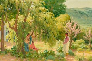 Joseph Henry Sharp - Spring Hunting Talk 24 x 36 in. framed 32 x 44 in.