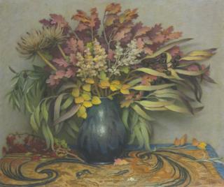 Joseph Henry Sharp - Still Life With Autumn Leaves, Chinese Vase And Embroidery