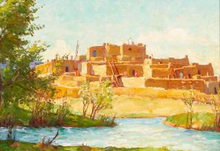 Joseph Henry Sharp - View of the Taos Pueblo 9 3/4 x 13 3/4 in. framed 14 x 18 in.