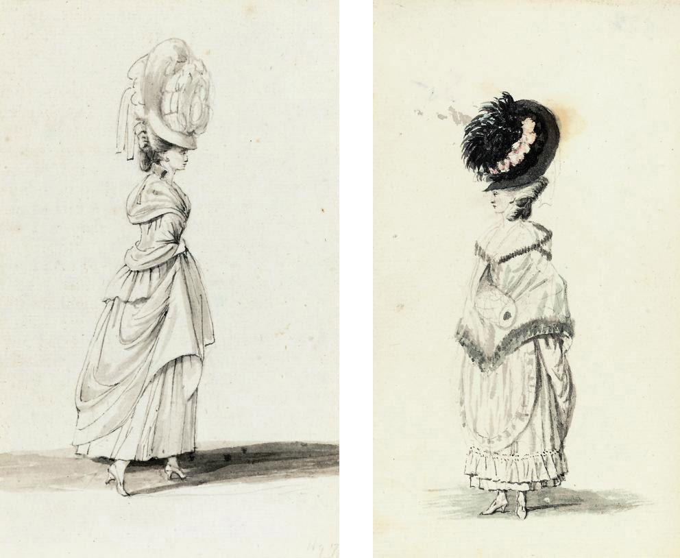 Joseph Highmore - Four studies of ladies in elaborate dress (two illustrated)