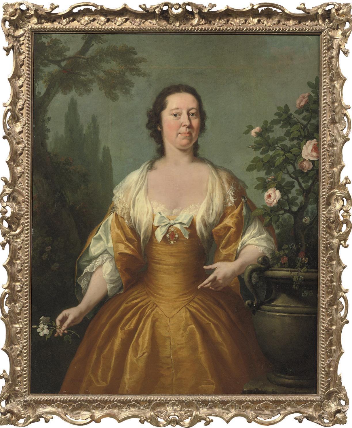 Joseph Highmore - Portrait of a lady, three-quarter-length, in a yellow dress with white frills, holding a flower, in a landscape