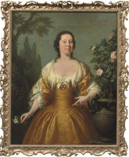 Joseph Highmore - Portrait of a lady, three-quarter-length, in a yellow dress with white frills, holding a flower, in a landscape