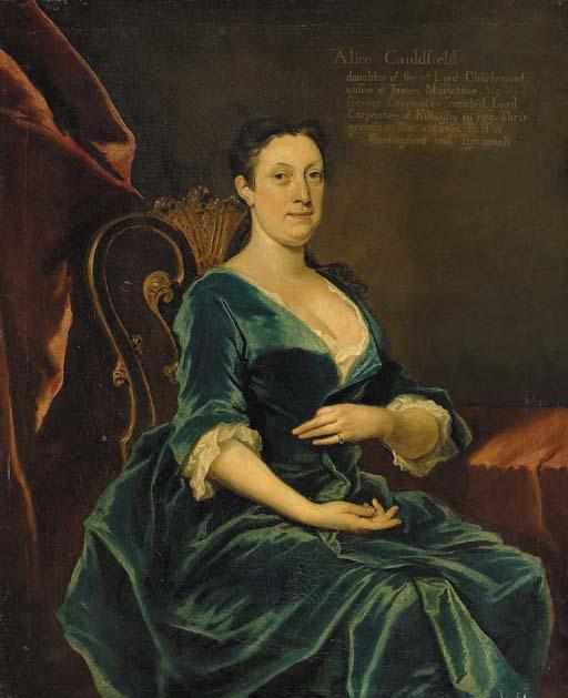 Joseph Highmore - Portrait of Alice Caulfeild, daughter of William, 1st Viscount Charlemont, three-quarter-length, in a blue dress, seated in an interior