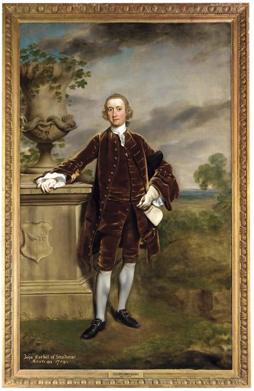 Joseph Highmore - Portrait of John Corbet of Sundorne, Full-Length, In A Brown Coat And Breeches, Beside An Urn On A Plinth Bearing A Coat-Of-Arms, In A Landscape