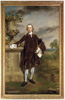 Joseph Highmore - Portrait of John Corbet of Sundorne, Full-Length, In A Brown Coat And Breeches, Beside An Urn On A Plinth Bearing A Coat-Of-Arms, In A Landscape