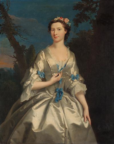 Joseph Highmore - Portrait of the Duchess of Argyll, three-quarter-length, in an oyster satin dress trimmed with blue ribbons, in a wooded landscape
