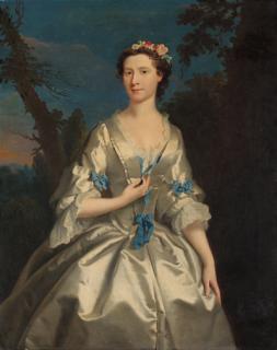 Joseph Highmore - Portrait of the Duchess of Argyll, three-quarter-length, in an oyster satin dress trimmed with blue ribbons, in a wooded landscape