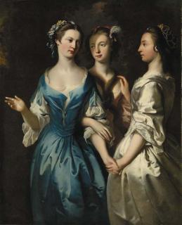 Joseph Highmore - Three girls, three-quarter-length, in blue, pink and oyster satin dresses, in a landscape