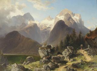 Joseph Holzer - An Alpine landscape with an old woman on a pathway