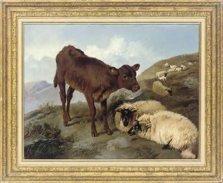 Joseph Horlor - A calf and sheep in a landscape