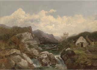 Joseph Horlor - A Cottage Beside A Rocky Mountain Stream