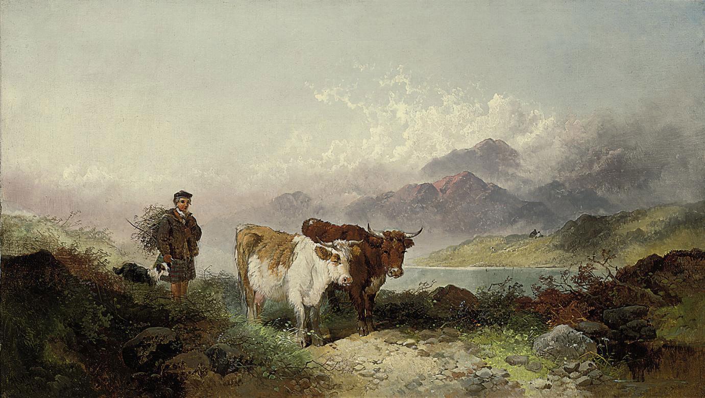 Joseph Horlor - A drover and cattle beside a Highland Loch