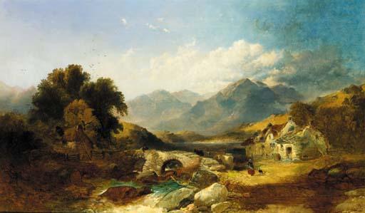 Joseph Horlor - A drover with cattle on a bridge in a Highland landscape