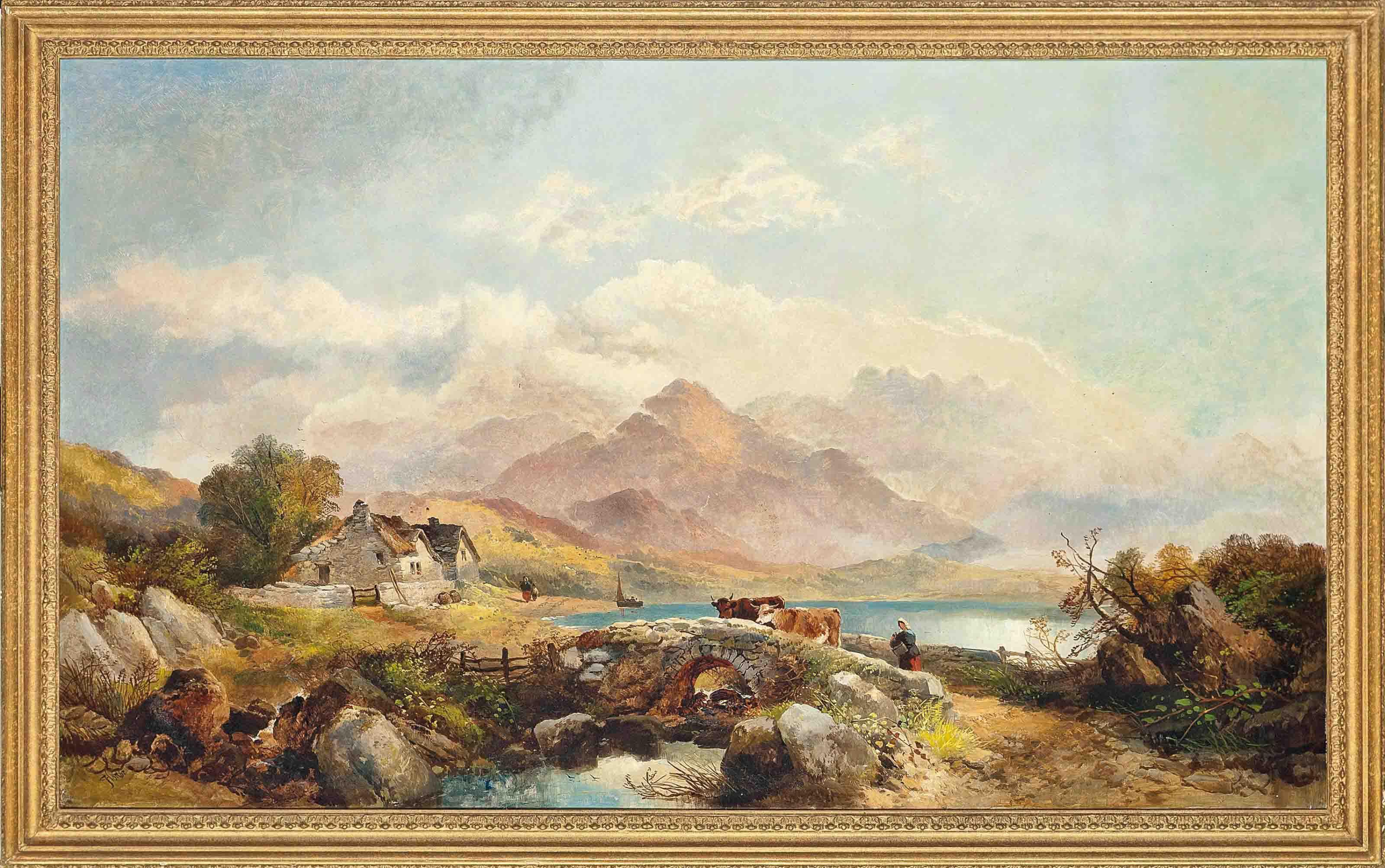 Joseph Horlor - A milkmaid with cattle crossing a bridge, Wales