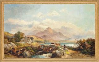 Joseph Horlor - A milkmaid with cattle crossing a bridge, Wales