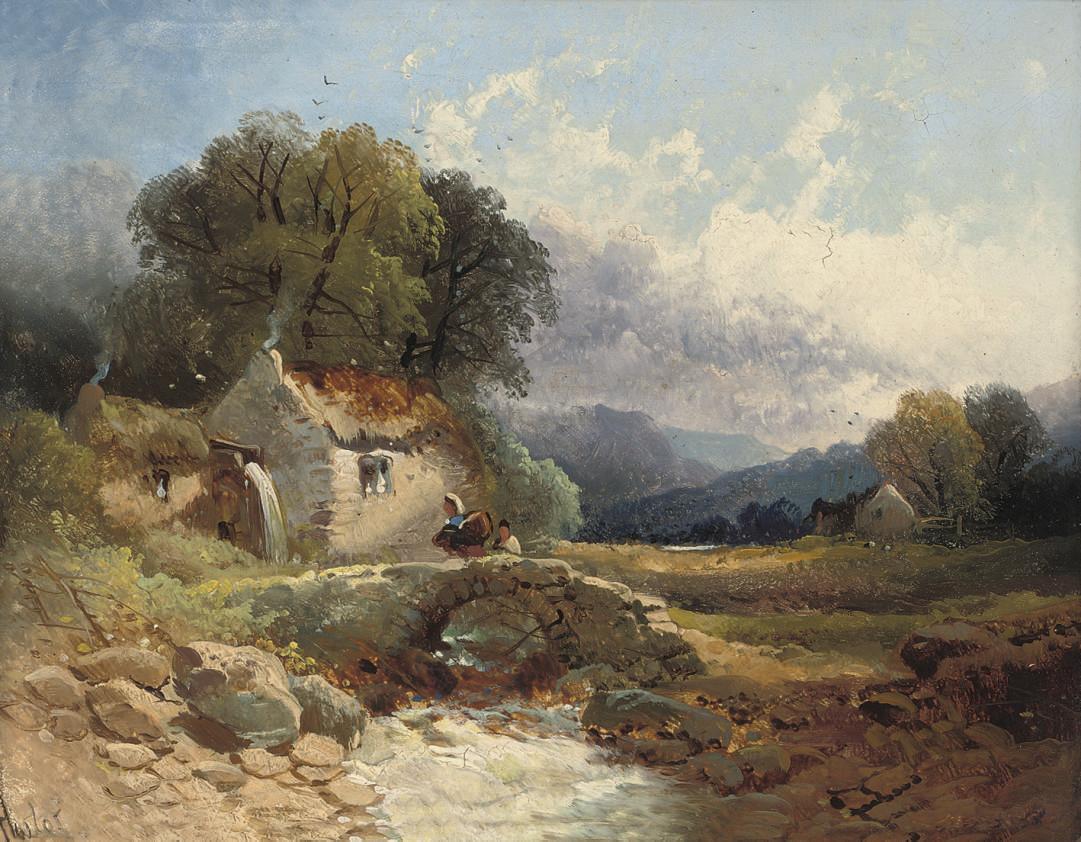 Joseph Horlor - Figures crossing a bridge before a cottage