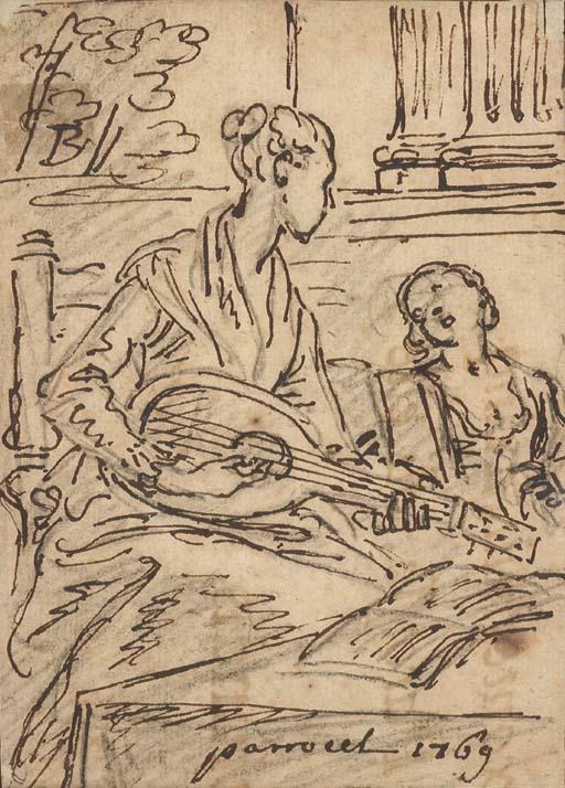 Joseph-Ignace Parrocel - Une jeune femme assise, tournée vers droite, jouant du luth, une jeune fille chantant à droite